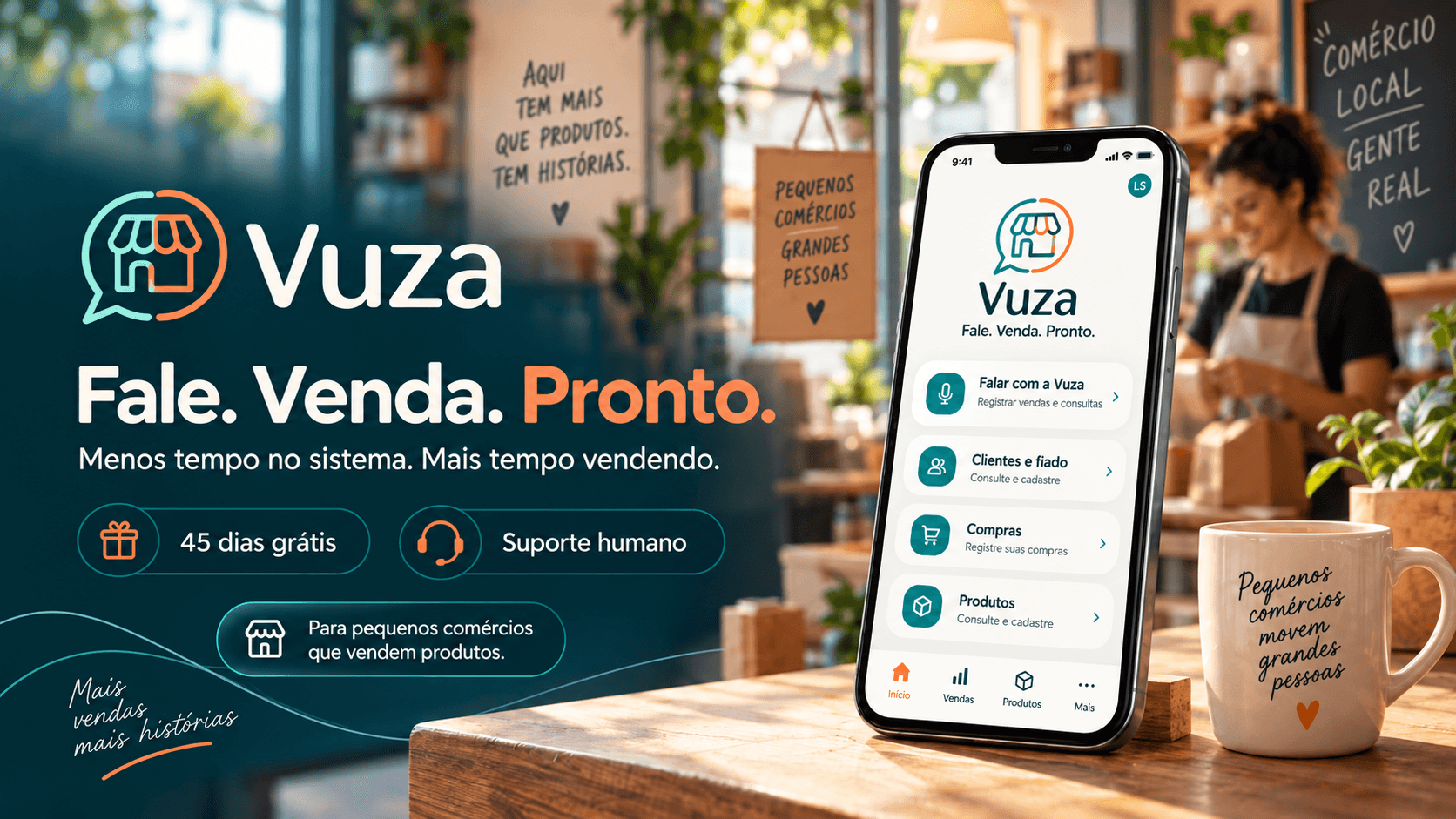 Vuza: Fale. Venda. Pronto. Menos tempo no sistema, mais tempo vendendo. 45 dias grátis e suporte humano para pequenos comércios. Arte com um celular sobre o balcão de uma loja.